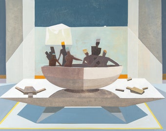 May include: Abstract painting depicting figures in a boat-shaped vessel. The artwork uses a muted palette of browns, blues, and whites. The figures have geometric shapes for heads. The painting is on a table.