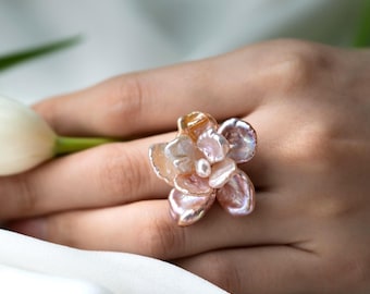 Keshi Pearl Flower Ring on Sterling Silver Band, Pearl Rose