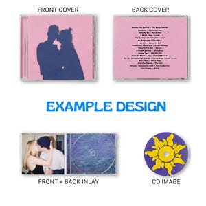 May include: A CD case set featuring a pink front cover with a dark silhouette of two people kissing, a pink back cover with a tracklist, a front and back inlay showing a photograph of a couple, and a purple CD with a yellow sun graphic.