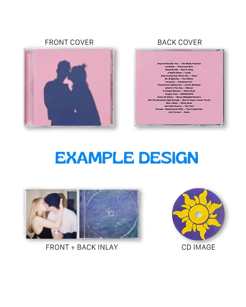 May include: A CD case set featuring a pink front cover with a dark silhouette of two people kissing, a pink back cover with a tracklist, a front and back inlay showing a photograph of a couple, and a purple CD with a yellow sun graphic.