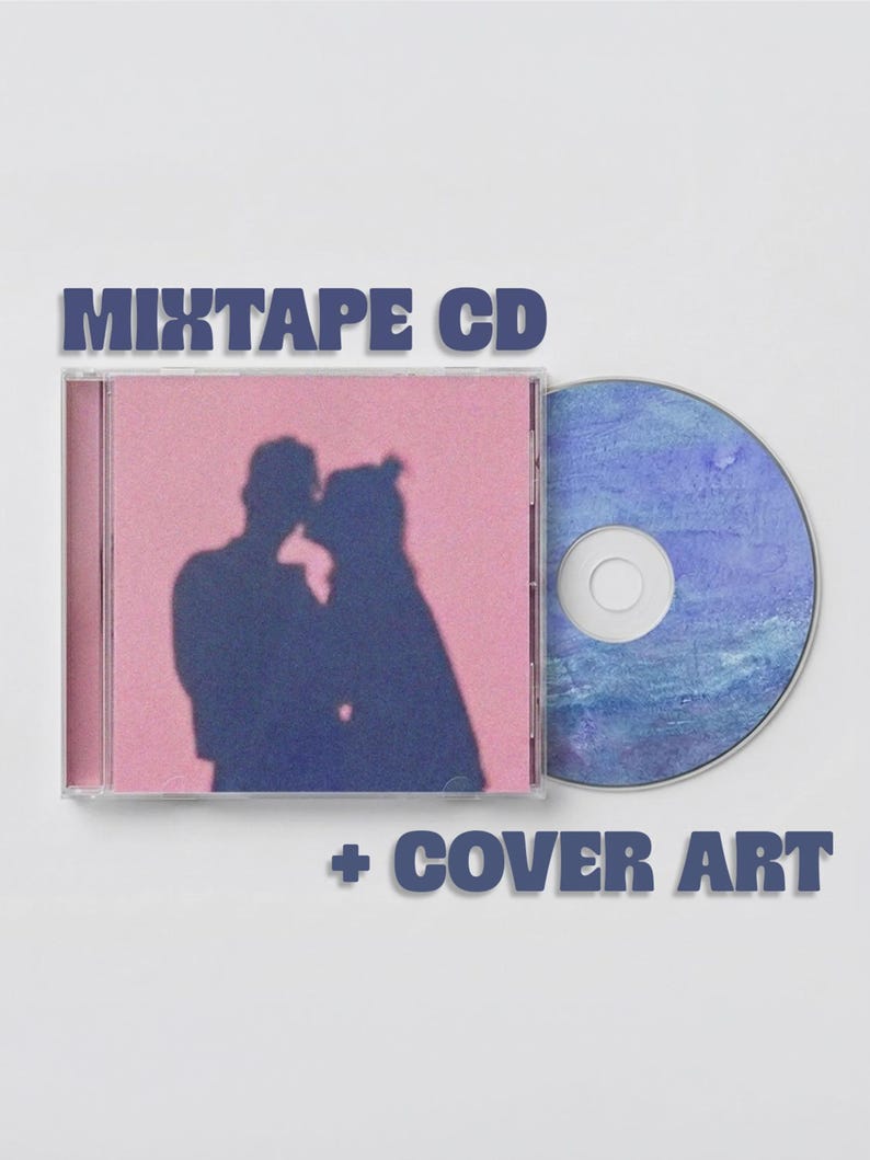 May include: A Mixtape CD and cover art set. The square plastic case features a pink insert with a dark blue silhouette of two people kissing. The circular CD disc has a blue and purple watercolor-style texture. The text reads Mixtape CD + Cover Art.