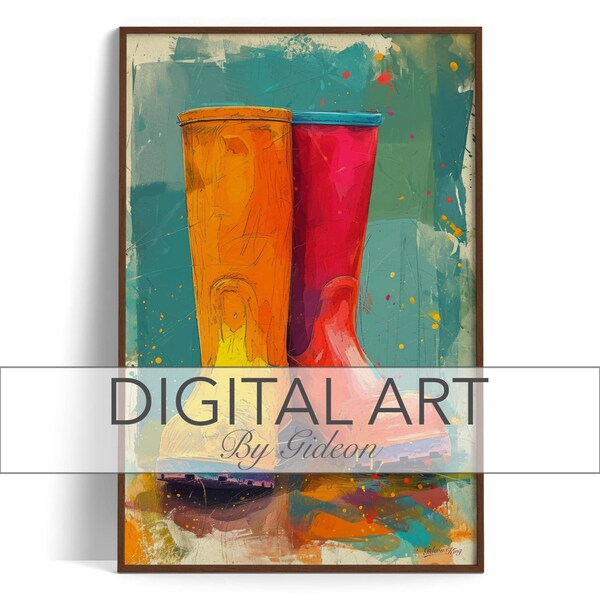 A poster style painting of a pair of bright orange and bright red rubber gumboots. Liven up your home or workplace with this retro poster.