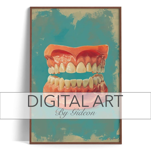A vintage poster style illustration of a set of dentures. Create a talking point in your office or workplace with these false teeth.