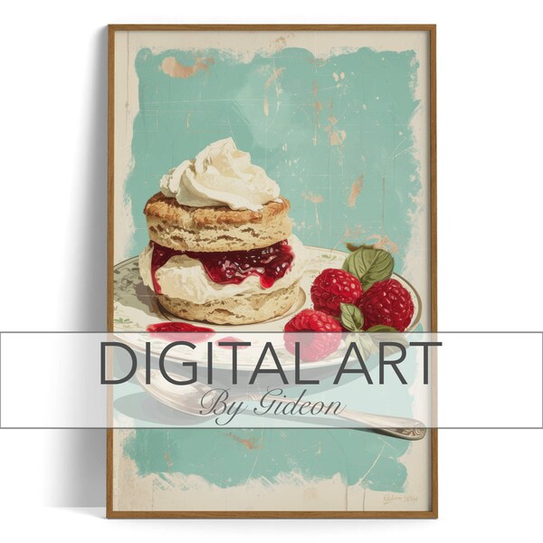 Poster style painting of a scone with jam and cream. A great addition to the decor of your cafe, restaurant, bar, or home.