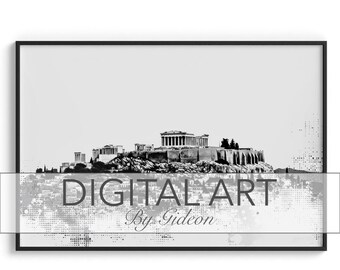 Athens, Greece historical cityscape showing the Acropolis. Monochrome with dots. Gift for traveller. Office decoration.