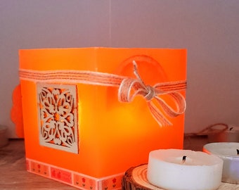 bougie creuse éternelle, lanterne en cire, bougie avec fenêtre orange, bougie parfumée orange