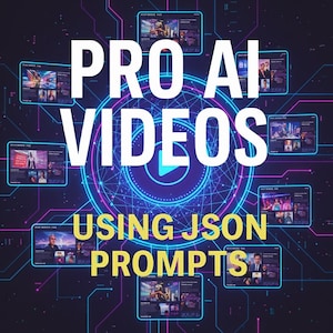 May include: A digital graphic with the words "PRO AI VIDEOS" in large white letters. The phrase "USING JSON PROMPTS" is below. The image features multiple screens with video content, connected by a network of lines, all set against a dark background.