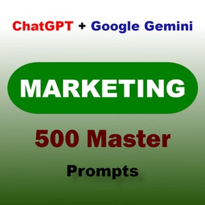 Può includere: Bottone verde con testo bianco che dice "MARKETING". Sotto il pulsante, testo rosso che dice "500 Master Prompts". Lo sfondo è un gradiente di verde e bianco.