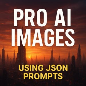 May include: A digital art image with a cityscape silhouette against a fiery sunset. Bold white text reads "PRO AI IMAGES" above and "USING JSON PROMPTS" below, both in a sans-serif font. The overall theme suggests AI image generation.