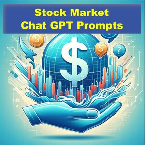 Könnte beinhalten: Illustration mit dem Text "Stock Market Chat GPT Prompts" in Gelb auf einem blauen Banner. Das Bild zeigt einen Globus mit einem Dollarzeichen, Aktiencharts und Händen. Goldmünzen und ein Fragezeichen sind ebenfalls vorhanden.