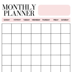May include: A black and white monthly planner with a pink background. The planner has a section for each day of the week, Sunday through Saturday, and a notes section at the bottom.
