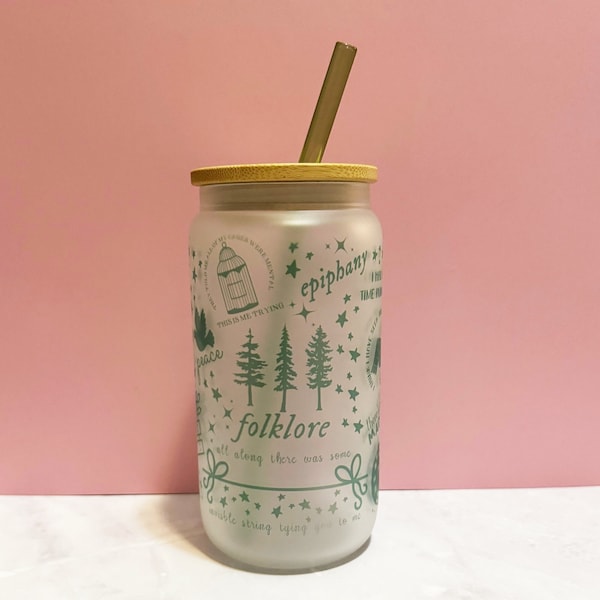 Folklore Inspired 16 oz Frosted Glass Libbey Cup | TS Inspired Ice Coffee Cup | Swiftie | Eras Glass Ice Coffee Cup | Gift for Her