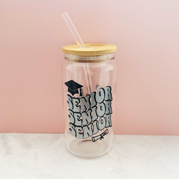 Senior Custom 16 oz Glass Cup with Bamboo Lid and Straw | Graduation Gift | Class of 2024 | Graduation | Libbey Cup | Ice Coffee Cup