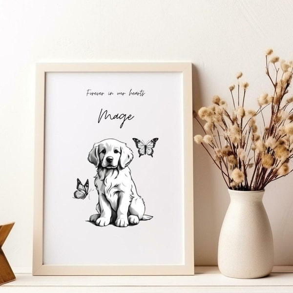 Personalized Dog Memorial Portrait / Halo Date Font Text and Name Customizable / Golden Retriever Sympathy Gift / Medium Size Dog