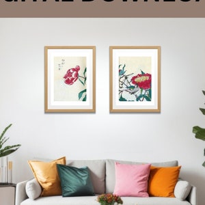 Vintage Asian Floral Art Print, Antique Japanese Botanical Illustration, Peony Digital Download Wall Decor, Asian Inspired Home Decoration