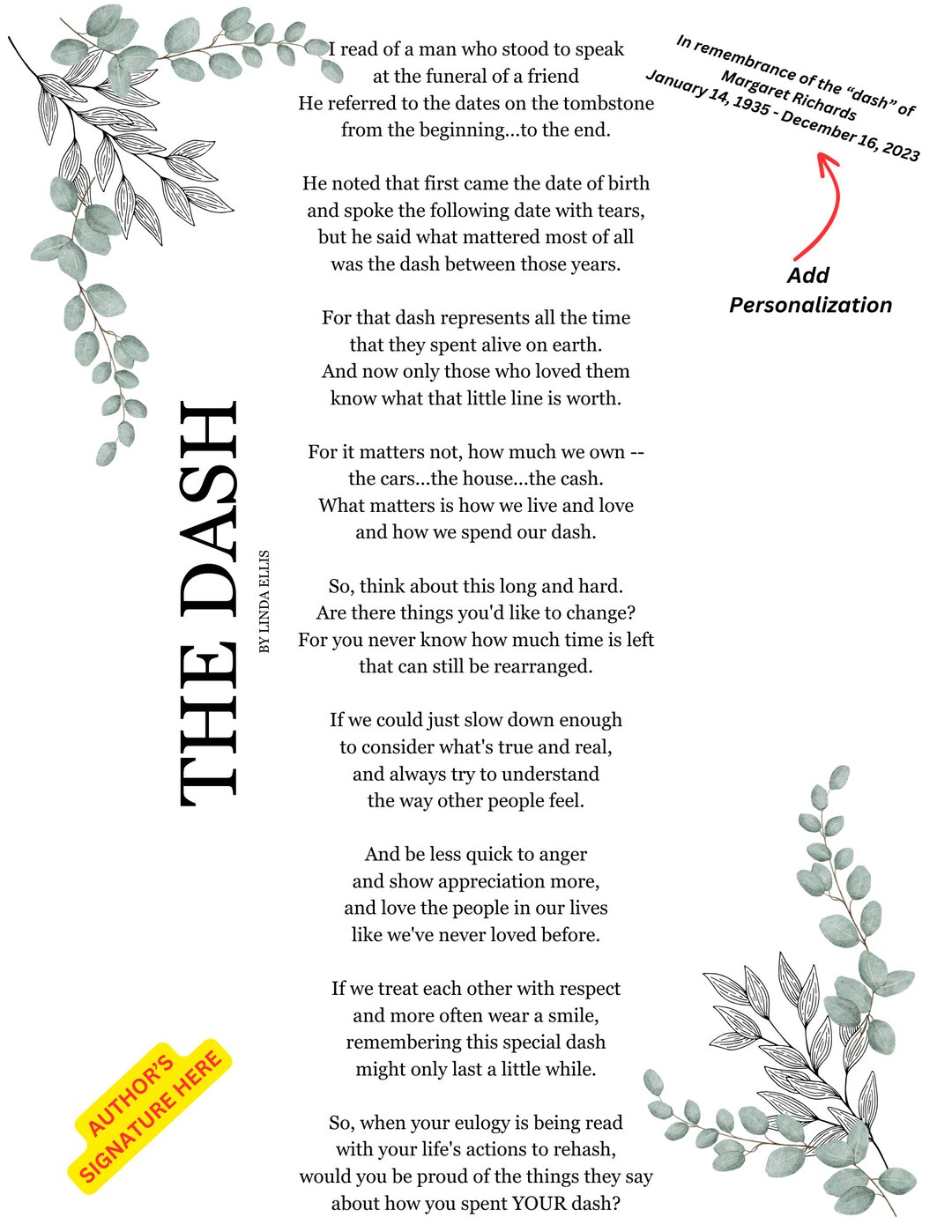 The Dash Poem Personalized and Signed by Author 8.5 X 11 Print Download ...
