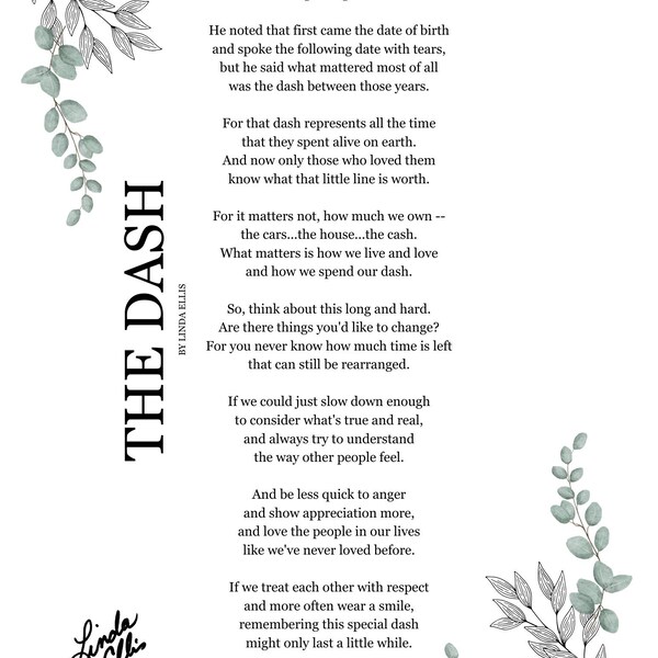 The Dash Poem Signed by Author Duplicate (8.5" x 11" Print Download)