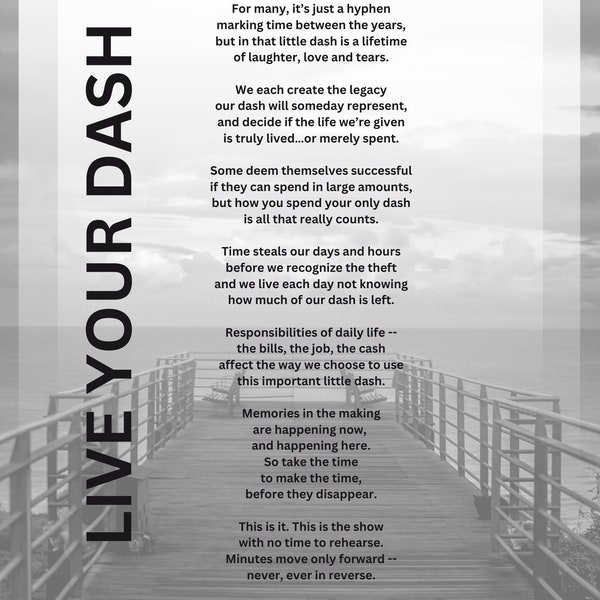 Live Your Dash (gedicht van Linda Ellis, auteur van "The Dash") Downloadbare print 8,5 "x 11"