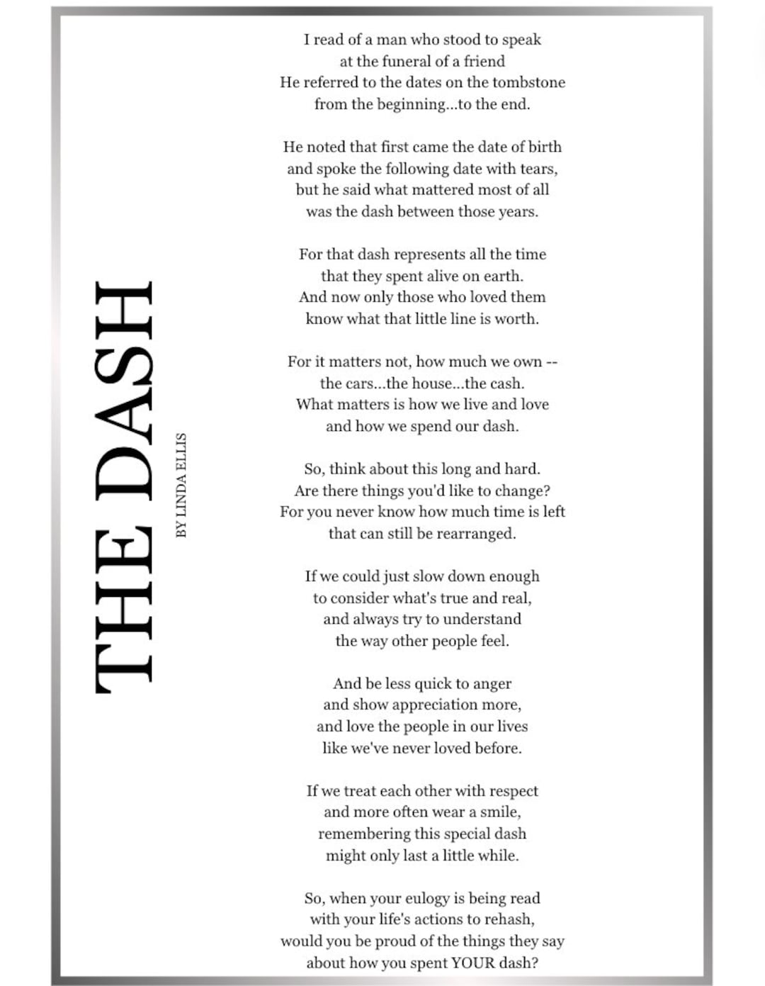 The Dash Poem Download Print unsigned by Linda Ellis 8.5 X 11 Etsy
