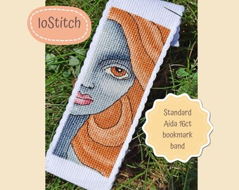 Bookmark Half Female Face of Laura Shadow Cross Stitch pattern PDF, PDF/Saga, Aida 16ct band