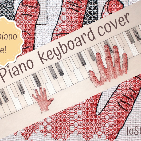 Piano Blackwork real-size piano keyboard cover with two hands, modern geometrical design Blackwork Stitch pattern PDF