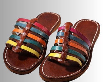 Sandales Marocaines en Cuir Multicolores - Élégance Artisanale Inspirée des Tropeziennes