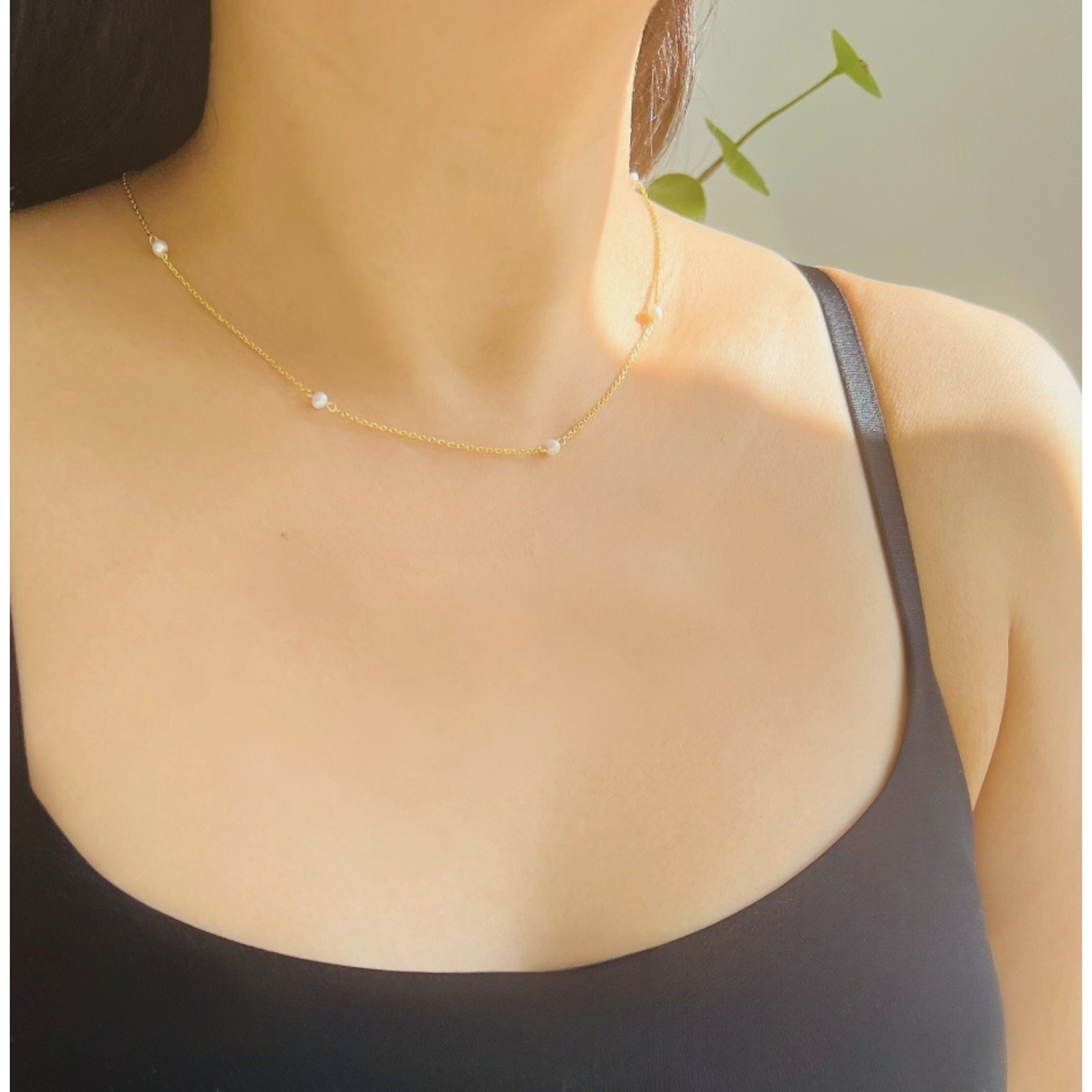 ■VINTAGE HOLLYWOOD■ Mini Daisy Pearl Necklace VH24NNNE172M Dainty Gold Mini Pearl Necklace, High Quality 925 Silver
