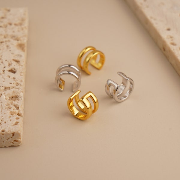 Double Band Gold Ear Cuffs | No Piercing Earrings | Trendy Gold Ear Cuffs | Kdrama Style Ear Cuffs | 925 Silver Jewelry