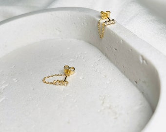 CZ Stud with Chain | Gold CZ Stud Earrings | High Quality Silver Jewelry | Gifts for Her | Minimalist Jewelry | Dainty Earrings