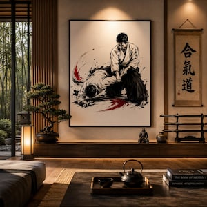 Peut inclure: Une grande impression d'art encadrée représentant une illustration à l'encre noire et blanche de deux personnes pratiquant l'aïkido, avec des touches de pinceau rouges. L'œuvre est exposée sur un mur à côté d'un rouleau de calligraphie japonaise.