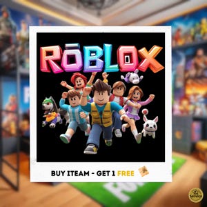 May include: A framed image with the word "ROBLOX" in colourful 3D lettering, and a group of animated characters running forward. The characters include a variety of avatars and pets. The text "BUY ITEAM - GET 1 FREE" is at the bottom.