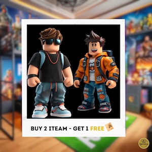 May include: Two Roblox-style figurines are displayed in a polaroid-style frame. The figure on the left wears a black shirt, blue trousers, and sunglasses. The figure on the right wears an orange jacket and blue jeans. The text "BUY 2 ITEAM - GET 1 FREE" is at the bottom.