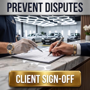 Peut inclure: Un document de contrat sur une surface en marbre avec le texte PREVENT DISPUTES et CLIENT SIGN-OFF. Deux mains sont visibles, l'une portant un gant blanc et une montre en métal bicolore, l'autre tenant un stylo plume argenté et une montre bicolore.