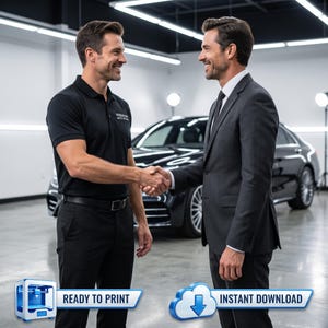 Peut inclure: Deux personnes se serrant la main dans un cadre professionnel. L'une porte un polo noir avec le texte PREMIUM AUTO DETAIL, l'autre un costume sombre avec une cravate. Une voiture noire est visible en arrière-plan. Inclut le texte READY TO PRINT.