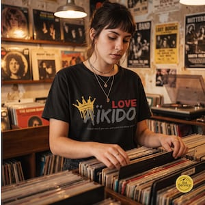 Peut inclure: Un t-shirt noir à manches courtes avec un motif de couronne jaune au-dessus du texte "LOVE AIKIDO" en rouge et gris, accompagné de la phrase "Catch me if you can...and watch me dodge you." imprimée sous le motif principal.