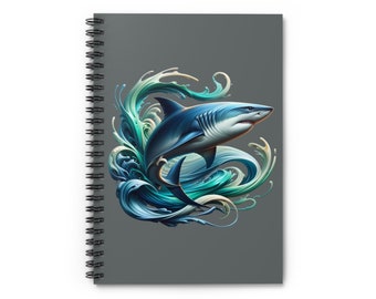 Shark Spiral Notebook, 118 Pages, Metal Spiral, Ocean Themed Journal, Great White Notebook