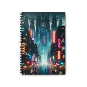 Puede incluir: Cuaderno de espiral con una ilustración de paisaje urbano futurista. La obra de arte representa un entorno urbano iluminado con neón con imponentes rascacielos, letreros vibrantes y una carretera central. La paleta de colores incluye azules, rosas y naranjas, creando una estética cyberpunk.