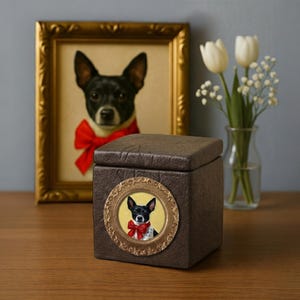 Puede incluir: Una urna cuadrada marrón para mascotas con un retrato enmarcado en oro de un perro blanco y negro con una pajarita roja. Una pintura enmarcada del mismo perro está en el fondo, junto con un jarrón de flores blancas.