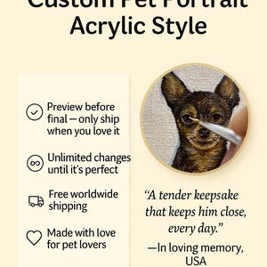 May include: Custom pet portrait in acrylic style. The image shows a detailed painting of a dog's face, with text that reads "A tender keepsake that keeps him close, every day." Additional text includes "Preview before final," and "Made with love for pet lovers."