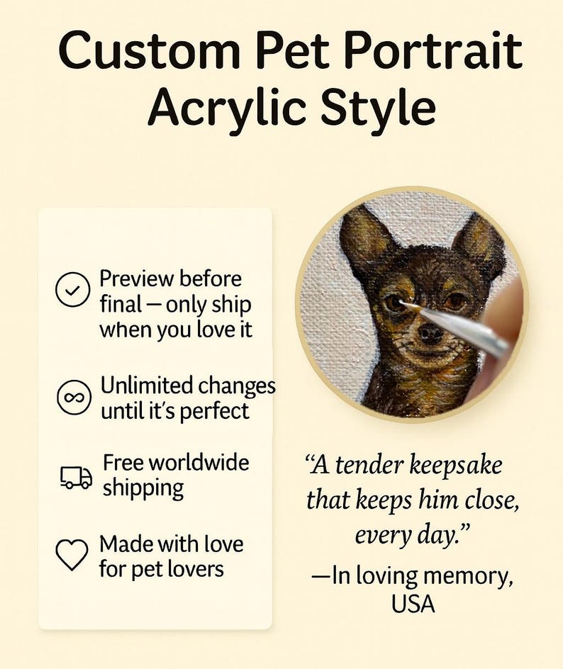 May include: Custom pet portrait in acrylic style. The image shows a detailed painting of a dog's face, with text that reads "A tender keepsake that keeps him close, every day." Additional text includes "Preview before final," and "Made with love for pet lovers."