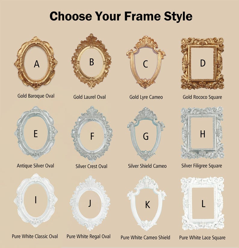 May include: Image showcasing a variety of ornate picture frames in gold, silver, and white. Styles include oval, shield, and square shapes, with names like "Gold Baroque Oval" and "Pure White Lace Square" displayed below each frame. The text "Choose Your Frame Style" is at the top.