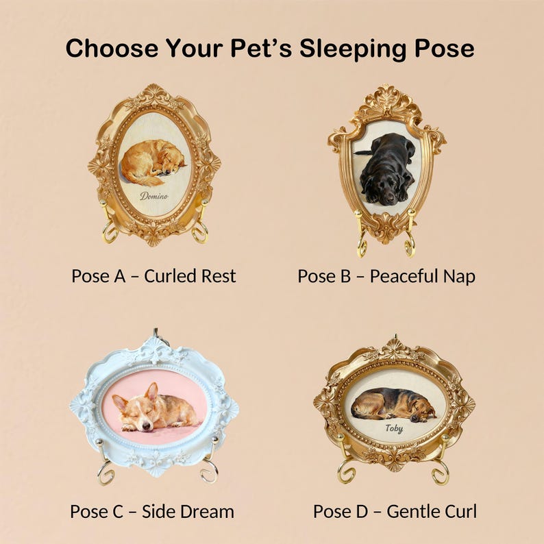 May include: Four framed pet portraits showcasing different sleeping poses. Each frame is ornate, with a gold or light blue finish. The portraits feature a golden retriever, a black lab, a corgi, and a German Shepherd. Text reads: "Choose Your Pet's Sleeping Pose."