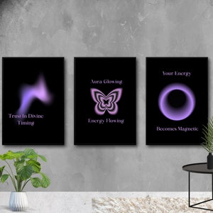 Posterset Divine Aura in kol. zwart en paars/roze | Goddelijke muurkunst | Auraposter | Citaatposter
