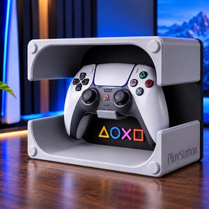 Puede incluir: Un soporte de exhibición para mando de juego en blanco y negro con el logotipo de PlayStation y los iconos de triángulo, círculo, cruz y cuadrado en amarillo, rojo, azul y rosa. El soporte tiene un marco rectangular con esquinas redondeadas.
