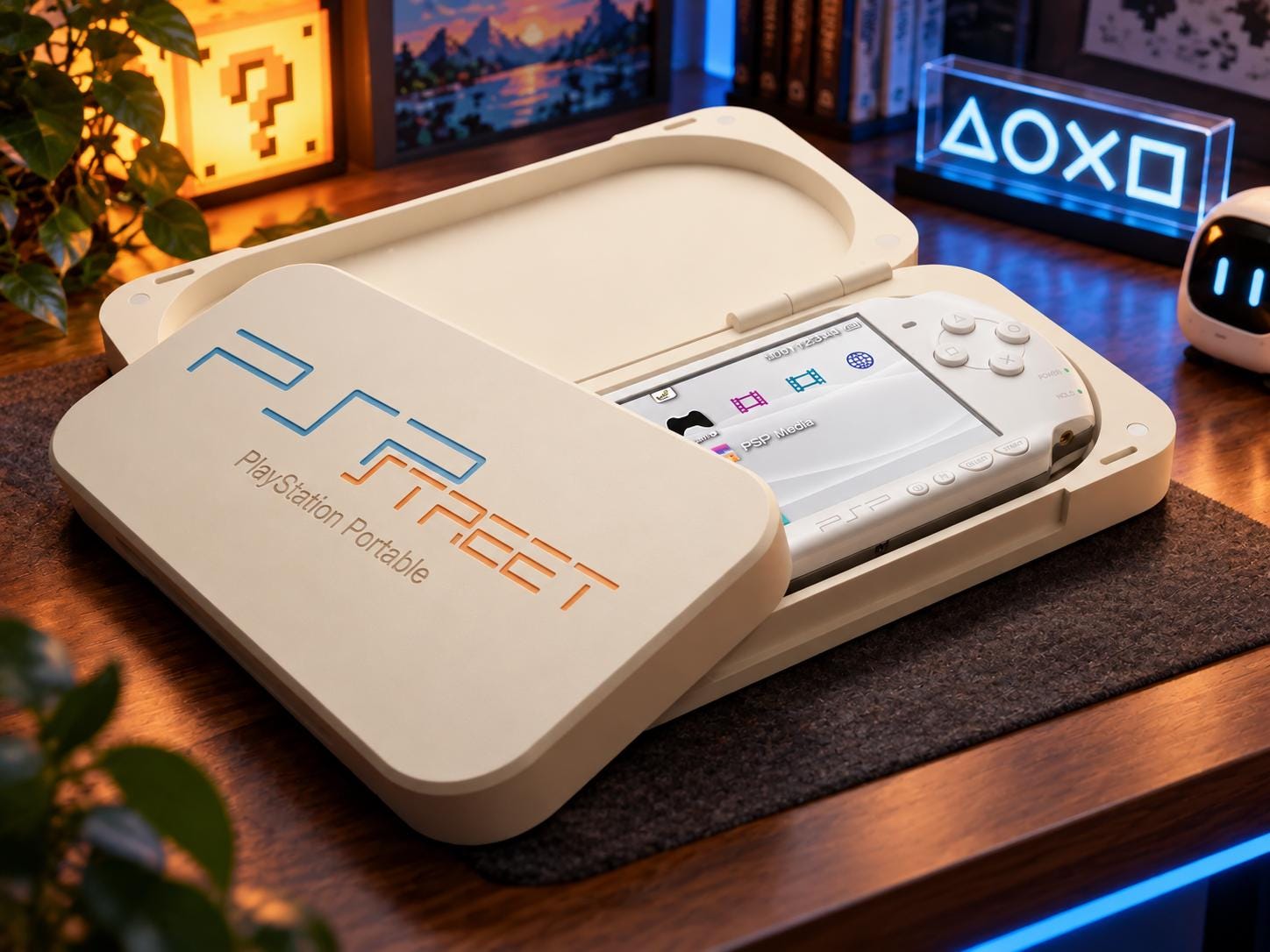 Cream PSP Street case with a blue PlayStation logo, photographed with a colorful gaming setup