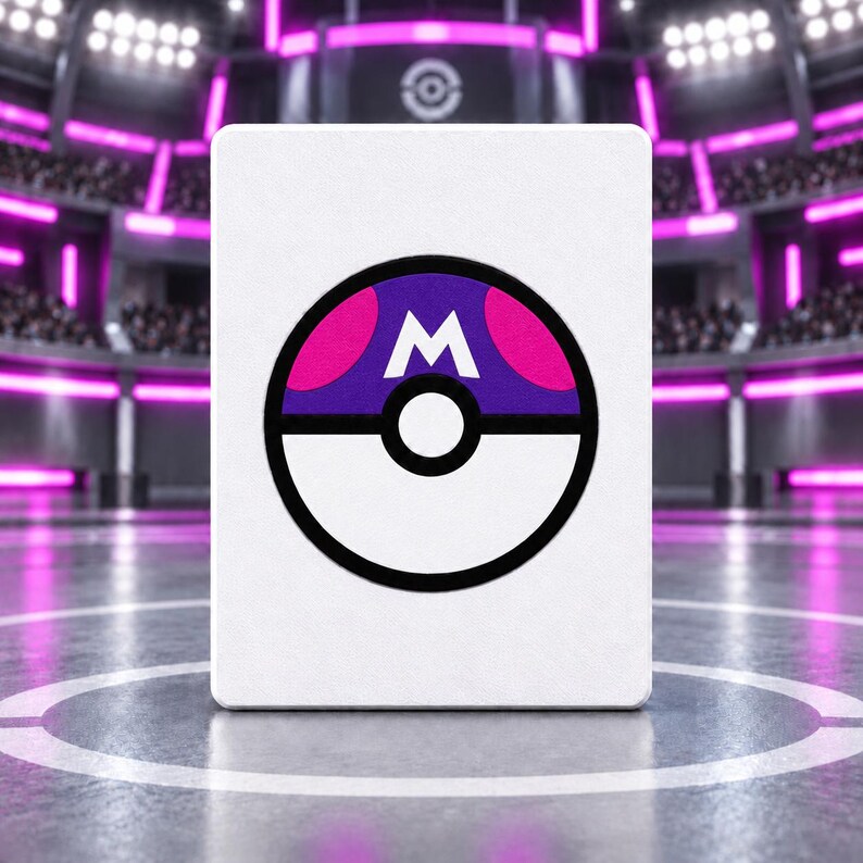 Pu&ograve; includere: Una carta rettangolare bianca con una grafica circolare di una Master Ball al centro. La sfera ha un contorno nero, una met&agrave; inferiore bianca e una met&agrave; superiore viola con due accenti circolari rosa e una lettera M bianca in alto.