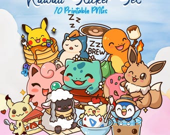 Può includere: Un'illustrazione digitale colorata di un "Kawaii Sticker Set" con vari personaggi dei cartoni animati. L'immagine include personaggi come Pikachu, Bulbasaur ed Eevee, insieme a cibi come pancake e ciambelle. È presente anche il testo "10 Printable PNGs".