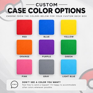 Pu&ograve; includere: Una tabella colori per un portamazzo personalizzato con nove campioni quadrati in rosso, blu, giallo, arancione, viola, verde, rosa, grigio e azzurro. Il testo recita CUSTOM CASE COLOR OPTIONS e DON'T SEE A COLOR YOU WANT?