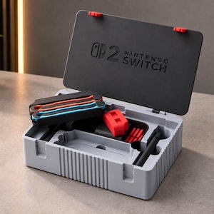 May include: A light grey rectangular storage case with a hinged lid featuring the embossed text Nintendo Switch 2. The interior contains black and blue controller components, a red block, and small red inserts organised in moulded compartments.