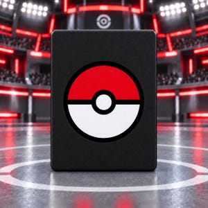 Pu&ograve; includere: Una custodia rettangolare in metallo nero con una grafica circolare centrata di una Pok&eacute; Ball rossa e bianca con un contorno nero e un piccolo cerchio bianco al centro, su uno sfondo di stadio sfocato con illuminazione rossa.